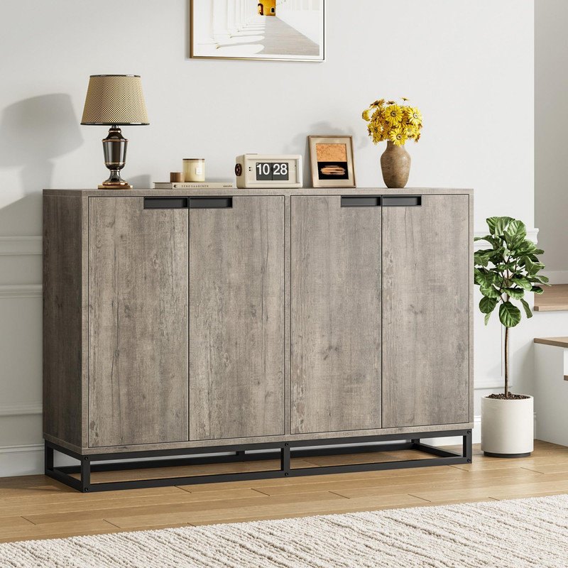 Armoire de rangement 55 po avec base en métal, 4 portes et tablettes - Unité de café en gris pour la cuisine, la salle à manger ou le salon