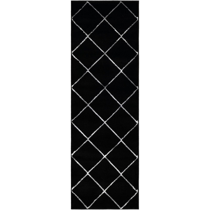 Tapis contemporain noir et argent Etowah, Tapis de couloir 2 pi x 6 pi 1 po