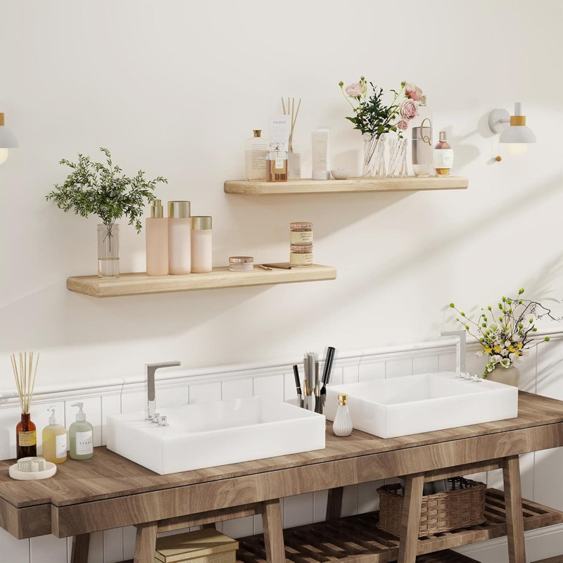 Natural Wood Floating Shelves Set | Rustic Solid Paulownia Wood Wall Shelf With Invisible Brackets | Beveled Edge Design For Bedroom, Kitchen, Bathroom & Living Room Storage