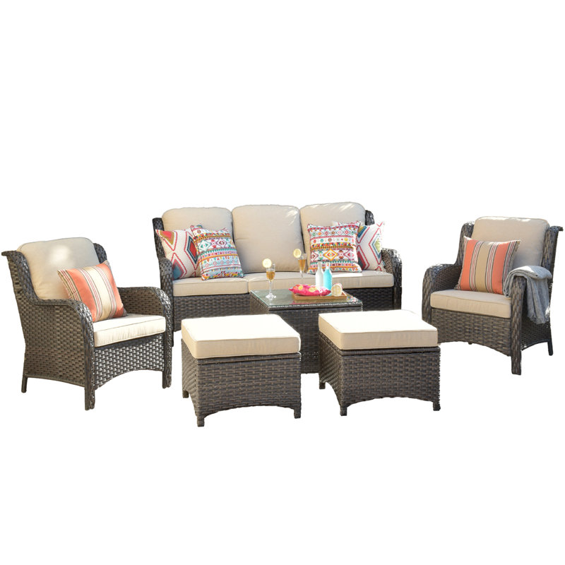 Ensemble de conversation avec canapé en rotin et coussins 6 pièces Caberfae, Beige, Brun