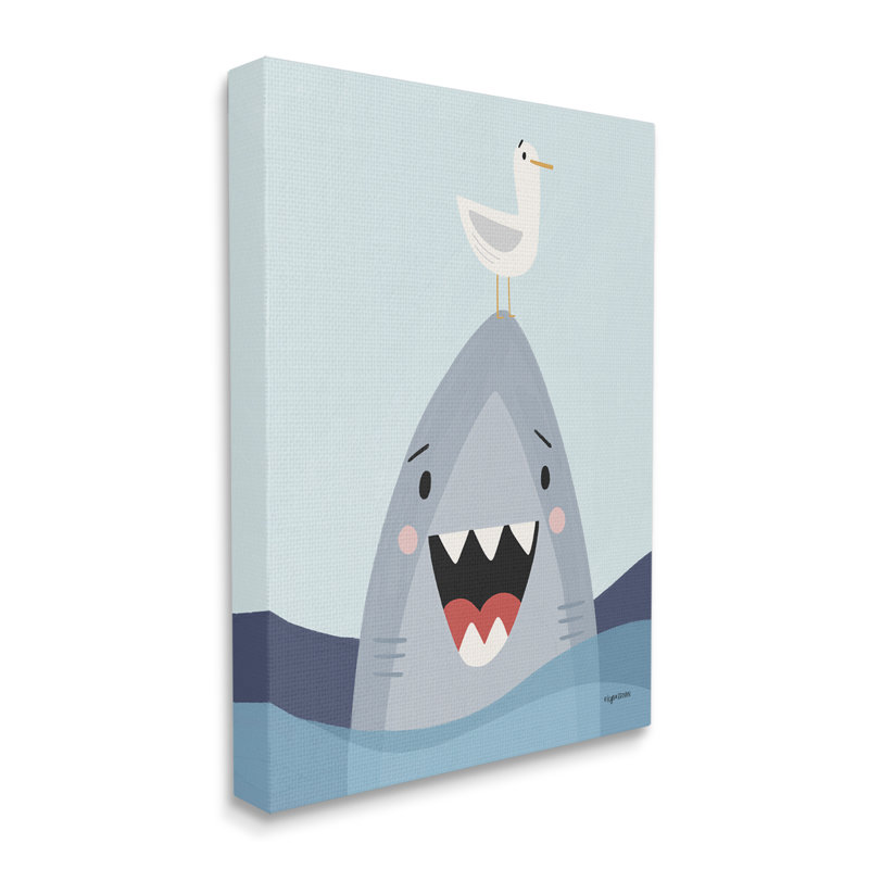 Quirky Smiling Shark Seagull Nautical Ocean Waves by Kyra Brown - Graphic Art, Wrapped Canvas, 30" H x 24" W x 1.5" D