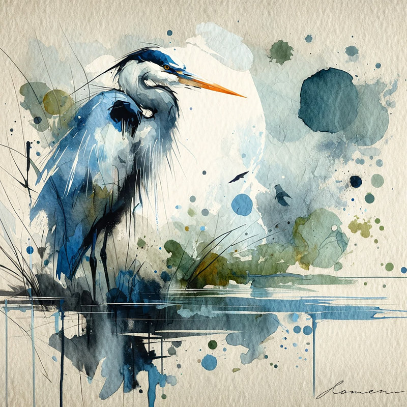Blue Reverie - Héron abstrait sur toile, H 12 po x l 12 po x P 1 po