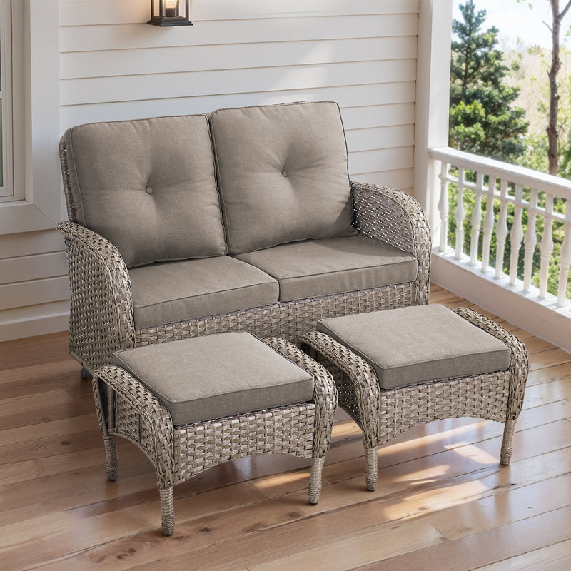 Causeuse de terrasse extérieure en osier de 50 po de large avec repose-pieds, Gris, Gris