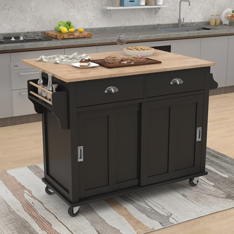 Kitchen Cart With Rubber Wood Drop-Leaf Countertop, Black