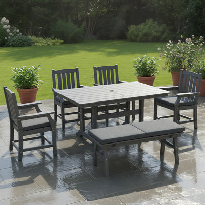 6-Piece Patio Dining Set with Table, Chairs & Loveseat Bench - Farmhouse Style HDPE Outdoor Furniture (60-Inch Table)