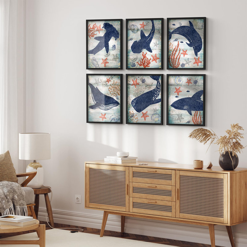 Framed Wall Art Collage Print Gallery Set, Shark, Dolphin, Whale Variety Amphibians Animals Digital Art Modern Beach Portrait Colorful for Living Room, Bedroom, Office