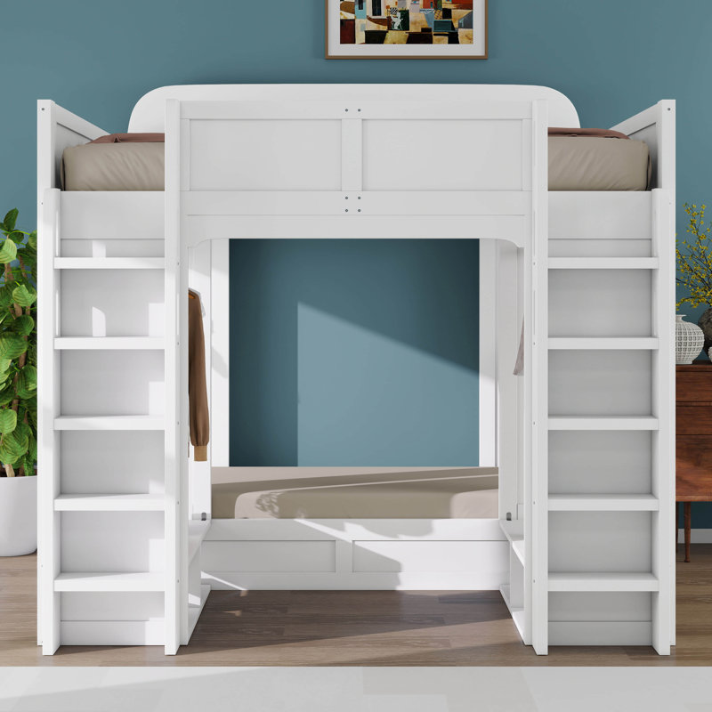 Triple Bunk Bed With Storage Shelves & Hooks, Space-Saving 3-Tier Bunk Bed, Twin +Twin Over Twin XL Bed, White