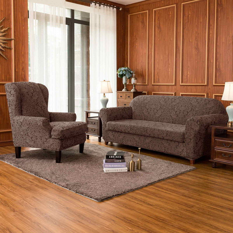 Housse pour canapé Stretch Damask, H 41 po x l 92 po x P 42 po, Mélange de polyester brun