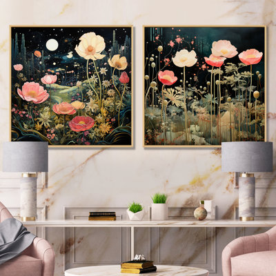 Enigma Pink And Green Garden Flowers I - Tachisme Canvas Wall Art Set Of 2