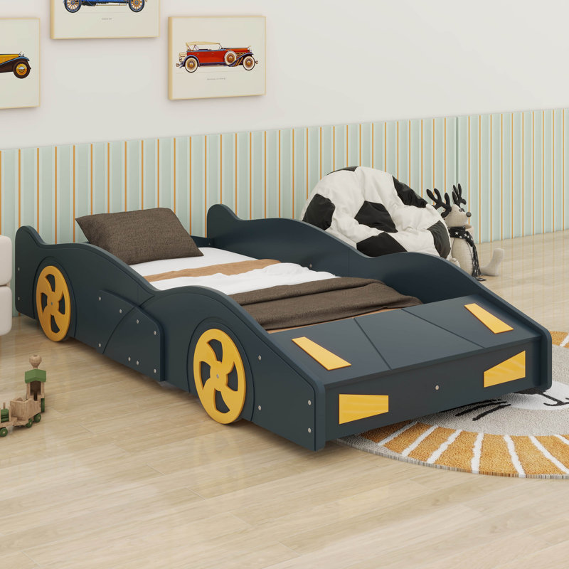 Lorden Twin Size Race Car-Shaped Platform Bed, Dark Blue/Yellow, Twin