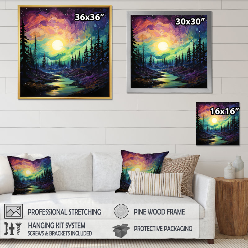 Aurore boréale Symphonie de l'aurore VII sur toile, H 16 po x l 16 po x P 1 po, Cadre flottant blanc
