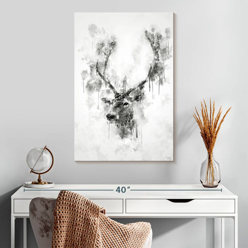 Tête de wapiti en noir et blanc, H 30 po x l 20 po