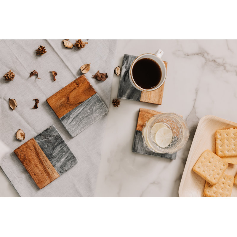 Ensemble de sous-verres en marbre et bois LuxeDesigns - Sous-verres 4 pièces antidérapants, marbre et bois de qualité supérieure pour un décor élégant, moderne et rustique - Sous-verres durables pour la maison, les événements et les cadeaux de pe