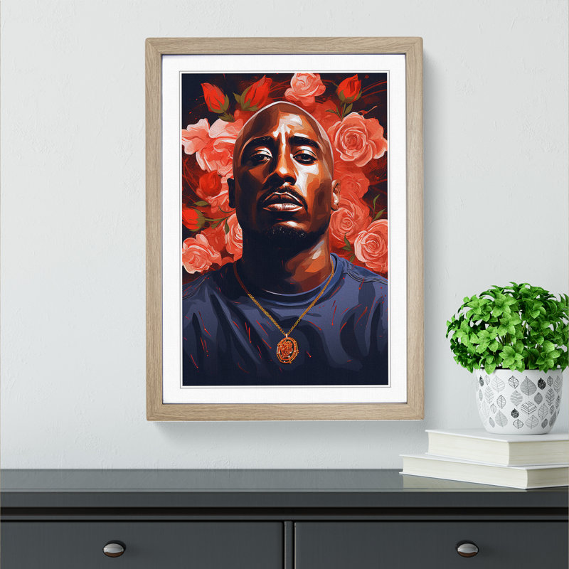 XYZ-FRM-V1223-6288 Tupac Shakur Tachisme - Single Picture Frame Print on Wood, 34cm H x 25cm W, Oak Framed