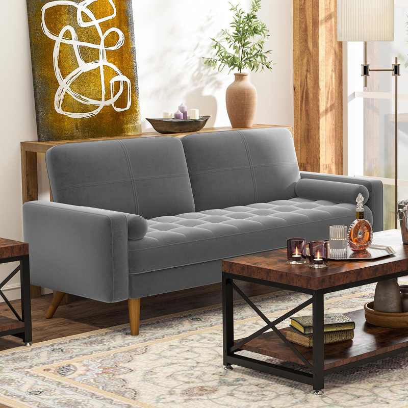 Canapé 70 po en velours avec coussin de siège et traversin, Gris classique