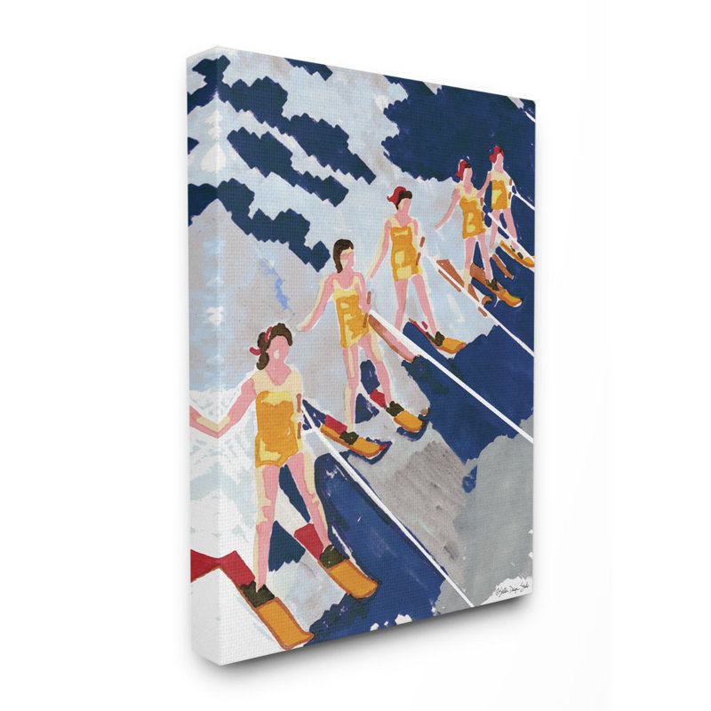 Retro Waterski Women Blue Yellow Watercolor Painting Oversized Stretched Canvas Wall Art by Stellar Design Studio