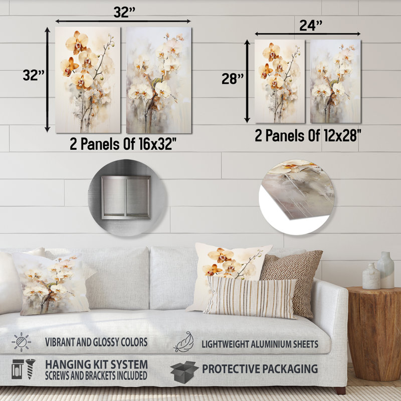 Orchidée beige et or - ensemble de 2 décorations murales en métal orchidées, H 32 po x l 32 po
