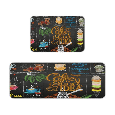 Blackboard Coffee Art Print 2 Pack Kitchen Rugs, Kitchen Coffee Bar, Black