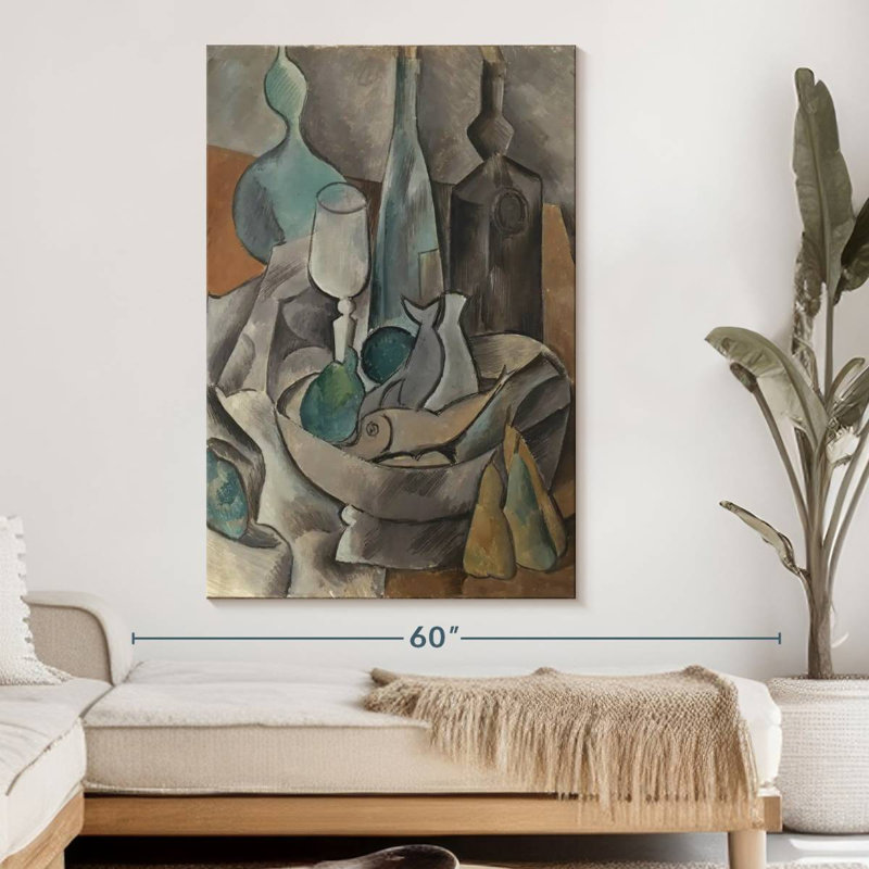 Nature morte avec poisson et bouteilles, H 51 po x l 34 po