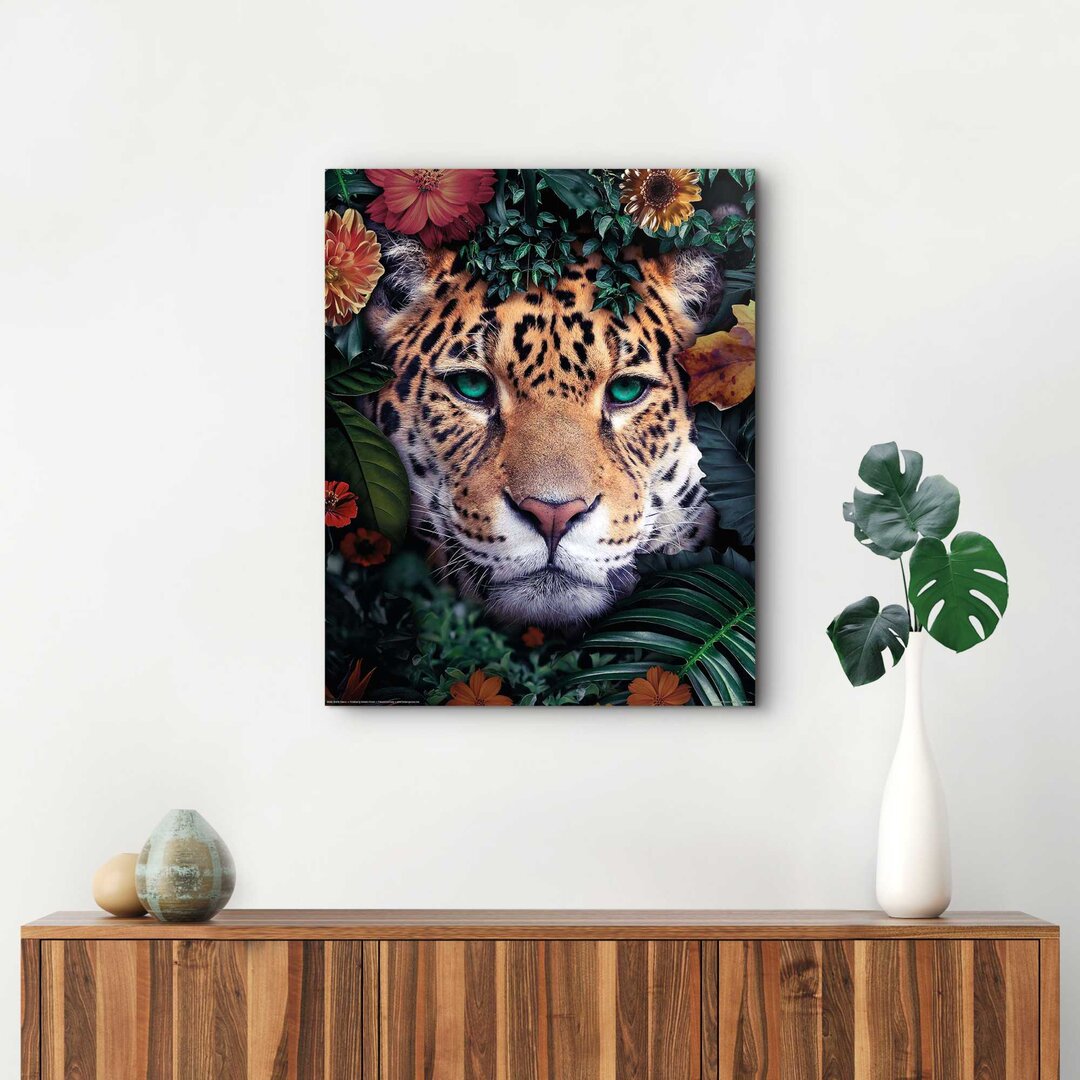 Wandbild Deko Panel Leopard Blumen - Pflanzen - Farbenfroh - Tiermotiv