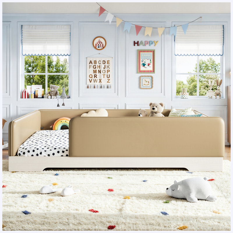 Grand lit au sol en faux cuir Montessori avec garde-corps amovibles, brun