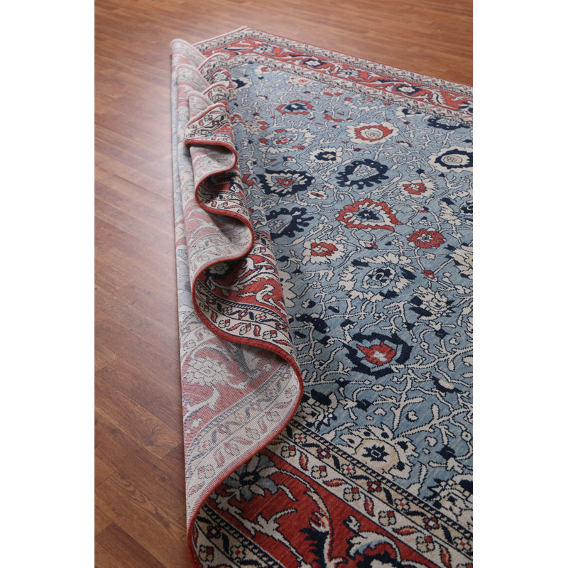 Tapis beige / ivoire / bleu en laine noué à la main de conception unique 9 pi x 11 pi 9 po