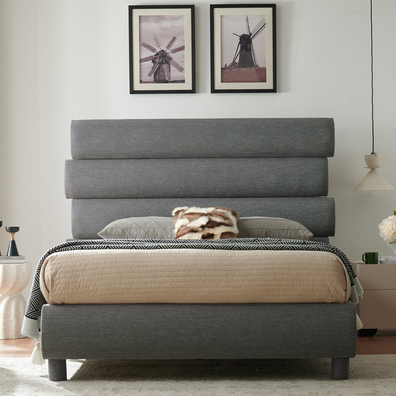 Luxury 60-Inch Asymmetrical High-Back Linen Upholstered Platform Bed - Memory Foam Compatible, No Box Spring Needed | Elevate Your Bedroom with Contemporary Style & Restful Comfort