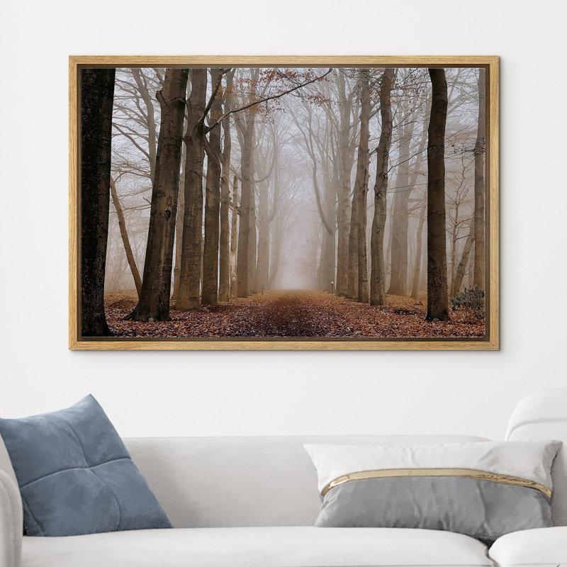Une route à travers les arbres de la forêt d'automne brun brumeux, Cadre flottant naturel, H 24 po x l 36 po