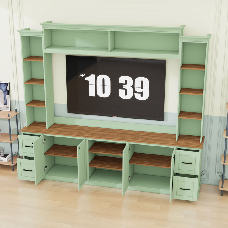 Meuble audio-vidéo avec rangement pour bibliothèque, tiroirs, armoires et tablettes réglables, Vert menthe