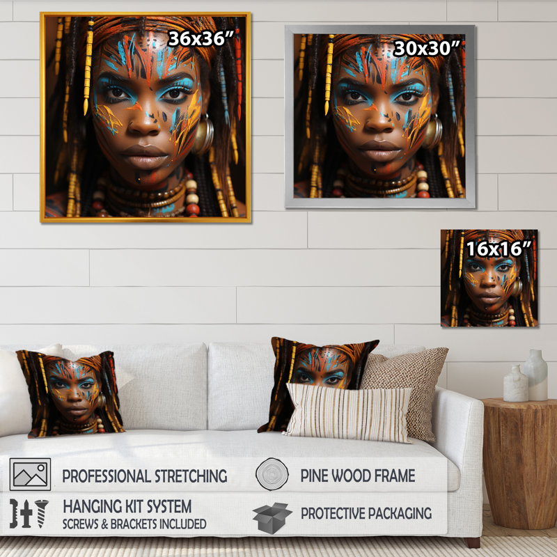 Tribu éthiopienne, portrait de femme I - art mural tribal africain, Cadre flottant doré, H 16 po x l 16 po x P 1 po