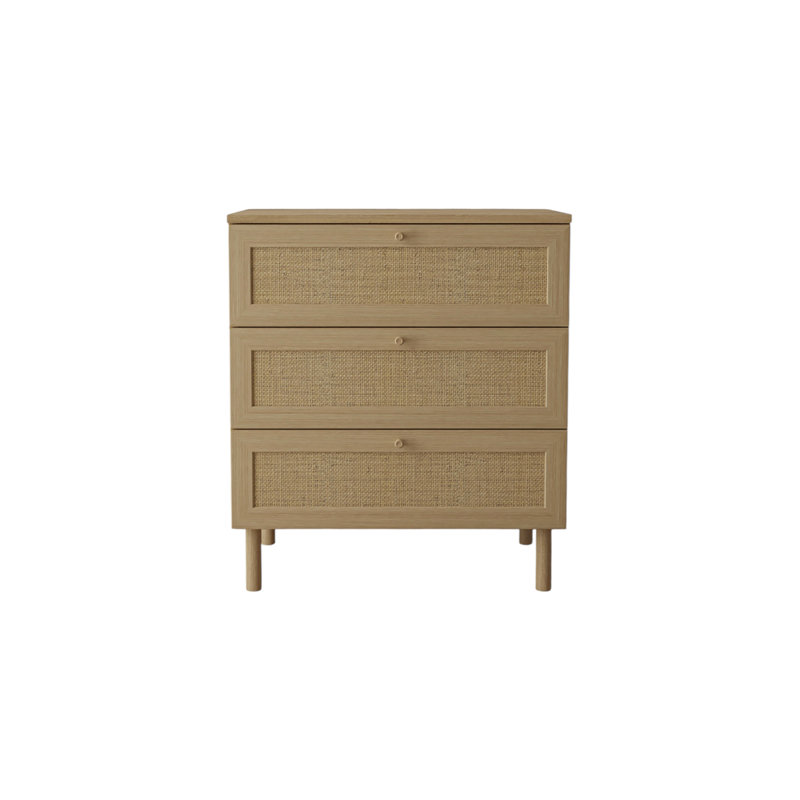 Commode 3 tiroirs en rotin tissé avec pieds en bois tourné, chêne naturel