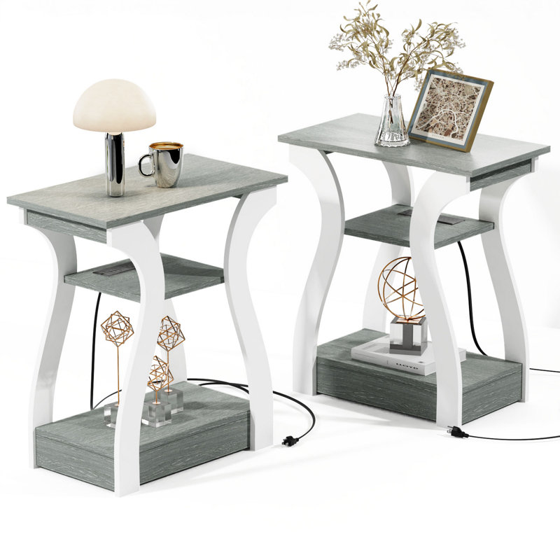 Arthus End Table and Built-In Outlets, Grey Top/White Base