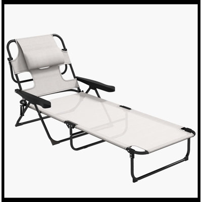 Outdoor Tanning Chaise Lounge Chair, 4-Position Beach Chair With Built-In Face & Arm Holes, Soft Pillow Headrest, Adjustable Sunbathing Chair (Cream White)