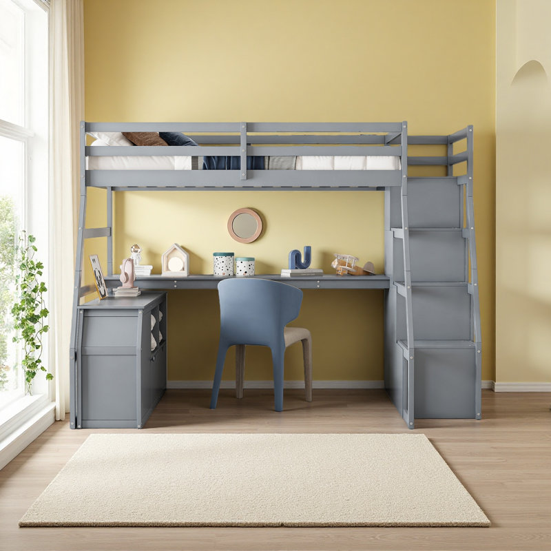 Harriet Bee Full Size Loft Bed With 7 Drawers 2 Shelves And Desk ...