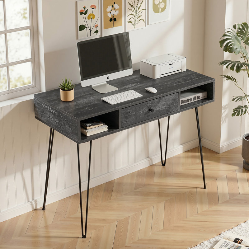 Modern Home Office Table with Drawers, Computer Desk with Open Storage Cubby, Writing Study Desk with Metal Legs for Home Office