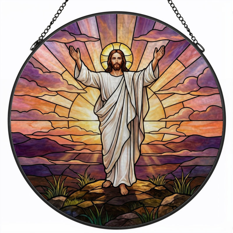 Jesus Christ Stained Glass Window Panel，7.8H, 7.8"H