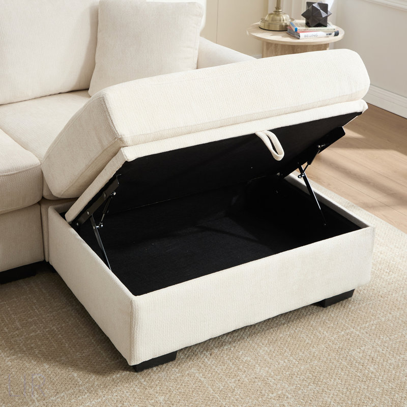 Canapé modulaire moderne en forme de L avec double port USB, poches latérales, rangement pour repose-pieds et tissu chenille confortable pour des sièges spacieux