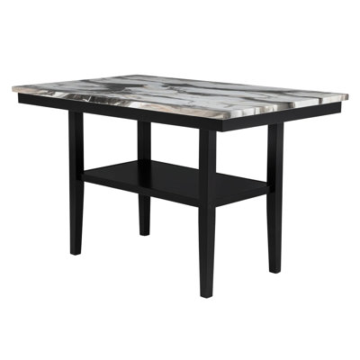 Table de salle à manger à hauteur de comptoir de 60 po pour la pièce, plateau rectangulaire en simili marbre gris anthracite, base en bois d'ingénierie noir, tablette de rangement, 4 sièges, style moderne, finition brillante, cuisine à assembler et avec