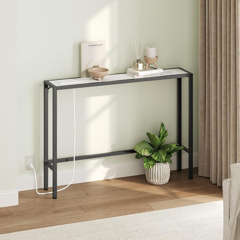 Narrow Console Sofa Table With Charging Station, Slim Behind Couch Table For Living Room, Hallway, Foyer, Built-In Power Outlets, Sturdy Engineered Wood And Metal Frame