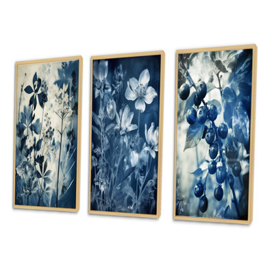 «Wildflowers In Meadow Blue Vintage Botanical», 3 pièces