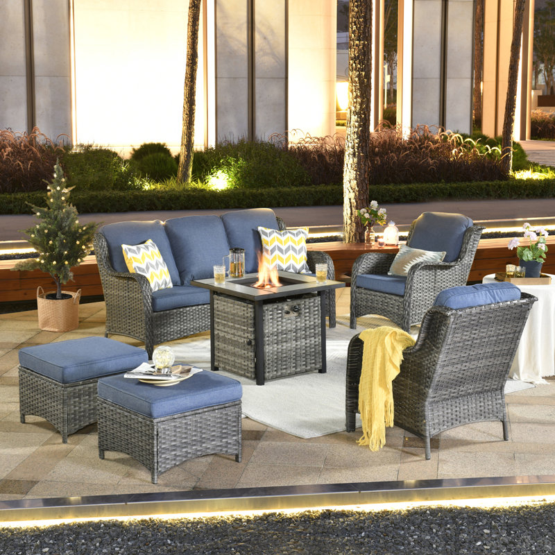 Klodjana Premium All-Weather Wicker 5 - Person Patio Conversation Set with Cushions, Denim Blue, Gray