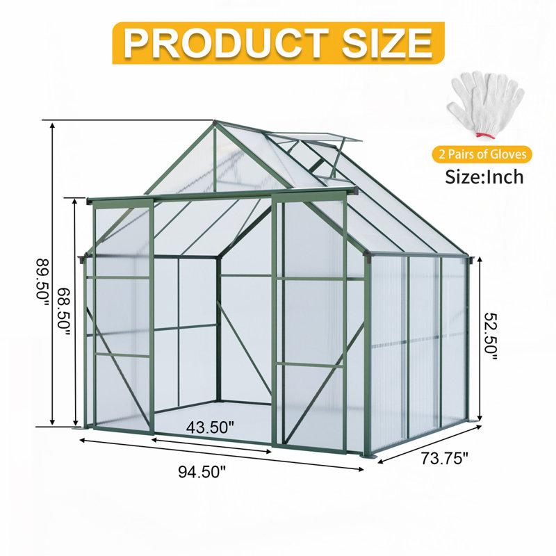 8X6FT-Green Double Door Polycarbonate Greenhouse, Green, 6.2' W x 6.1' D