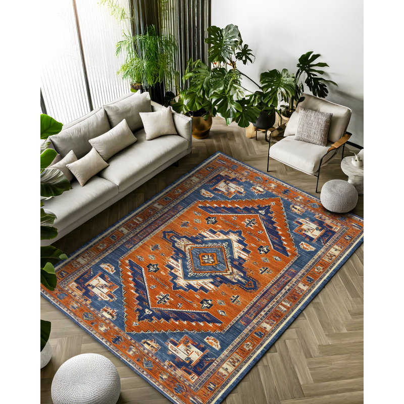 Martwon Collection Digital Print Cotton-Polyester Brown Navy Rug, Runner 4' x 13'2"