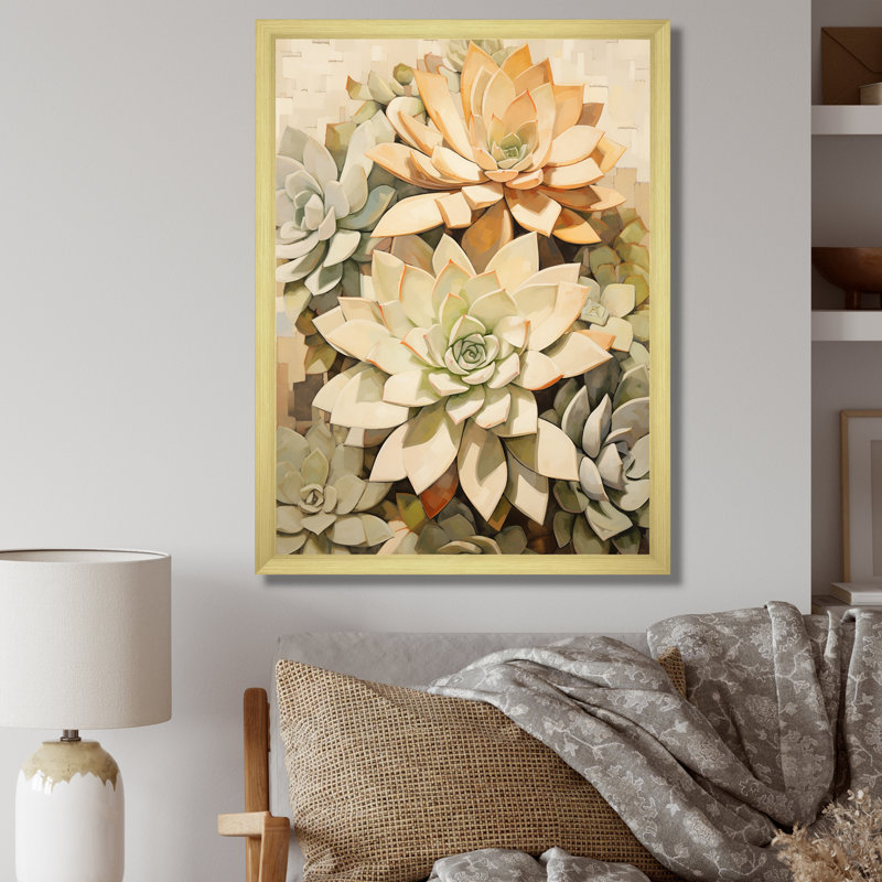 Beige plante grasse douce V, H 32 po x l 16 po x P 1 po, Cadre doré simple