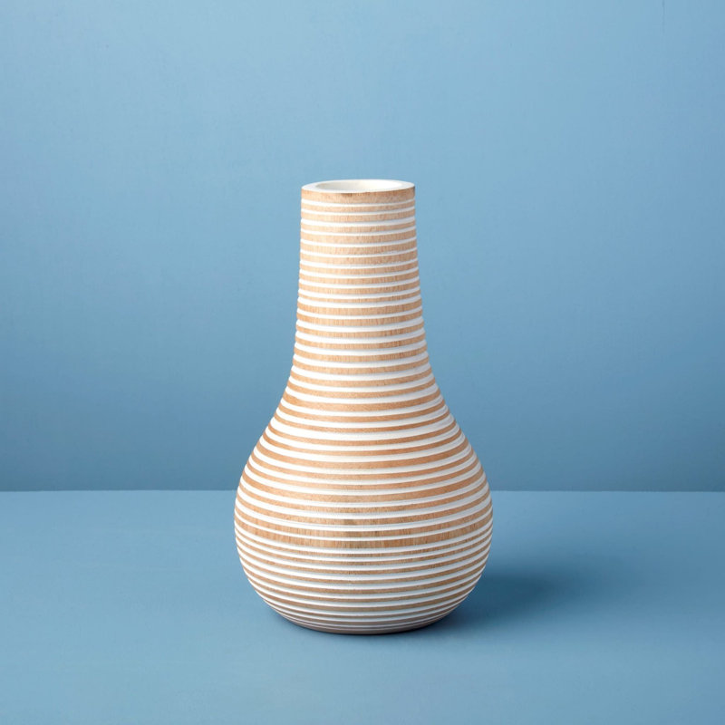 Vase blanc rayé en bois de manguier