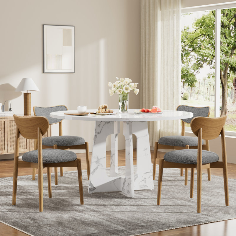 5-Piece Round Dining Table Set, MDF Tabletop & Solid Wood Dining Chairs with Boucle Upholstered Cushion, Mid-Century Wooden Dinner Table for Dining Room Kitchen