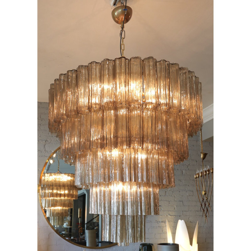 Lustre à niveaux Rano Murano fumé, Laiton antique, Transparent / blanc / ambre, H 55 po x l 50 po x P 50 po