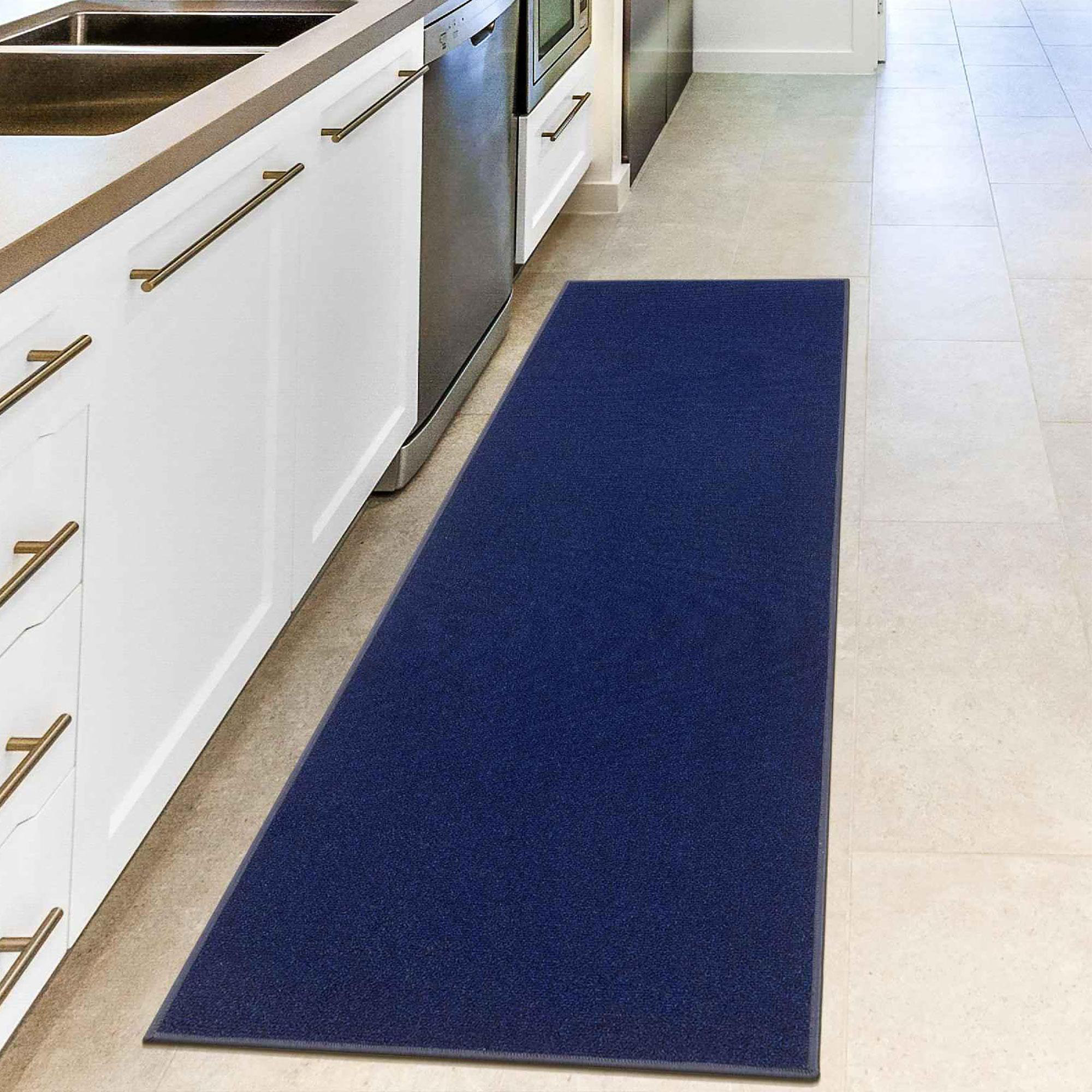 Ottomanson Machine Washable NonSlip Solid Navy Blue Kitchen Mat