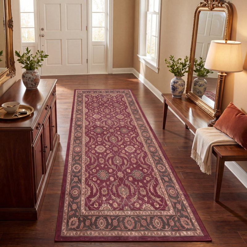Tapis Butte2 traditionnel à motif floral intégral rouge, vert, or, crème et rose, antidérapant, à poils courts, pour l'intérieur et l'extérieur, adapté aux animaux domestiques, salon, chambre, salle à manger, entrée, couloir, bureau, lavable