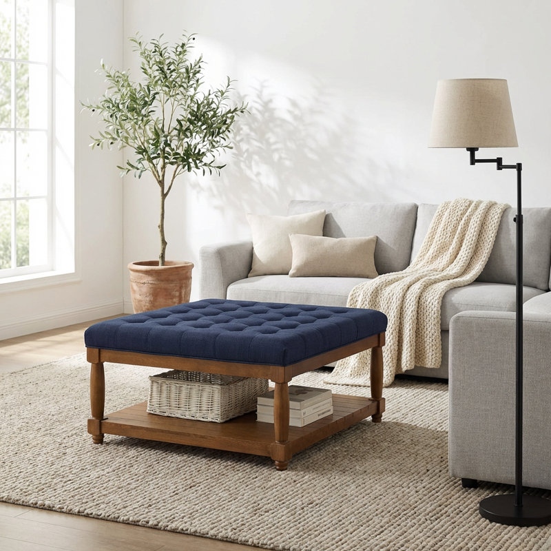 Large Square Upholstered Tufted Ottoman Coffee Table with Solid Wood Shelf and Footrest Functionality